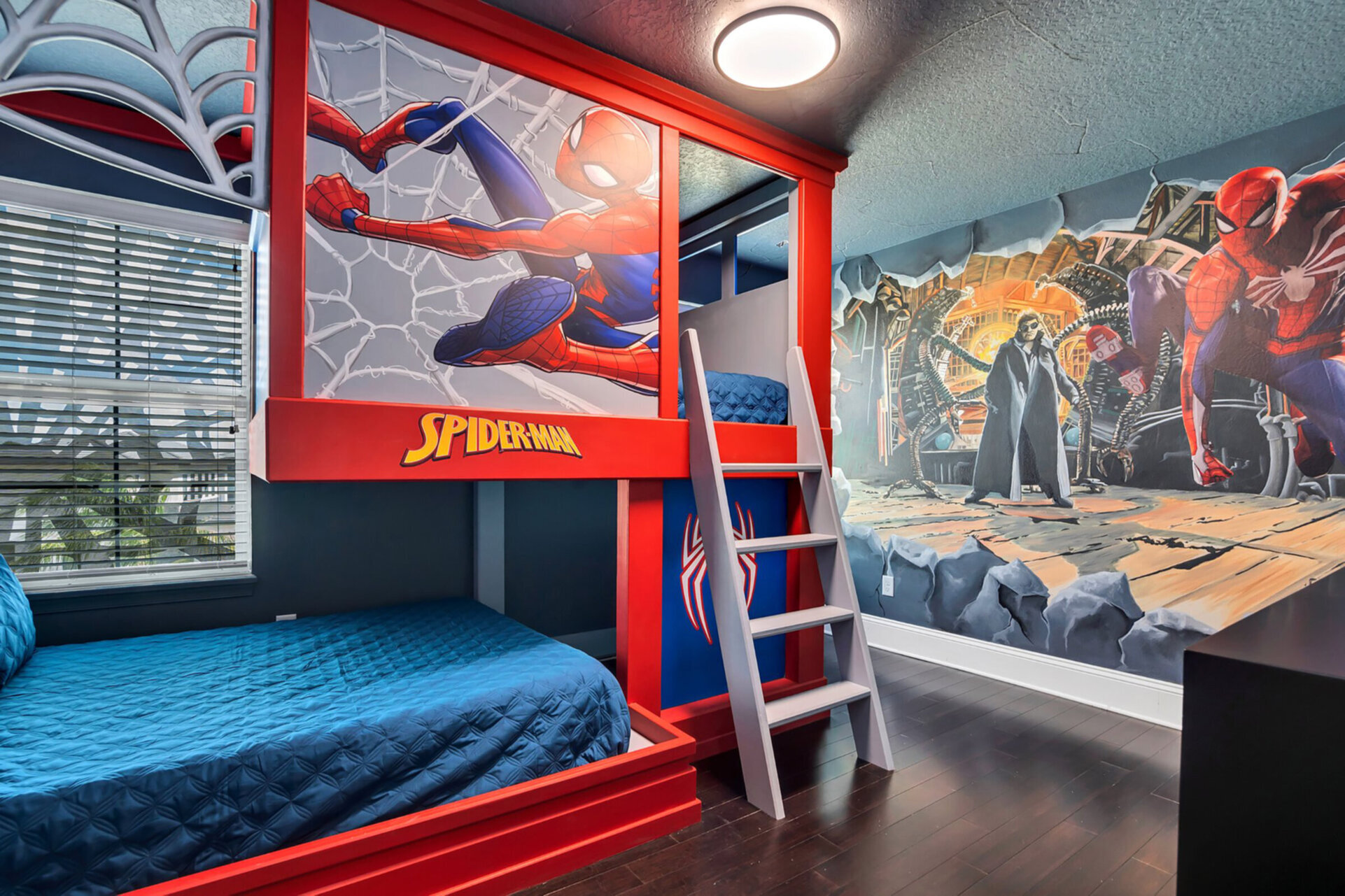 The kids spidey-senses will be enlightened in this themed room with a full/full bunk bed