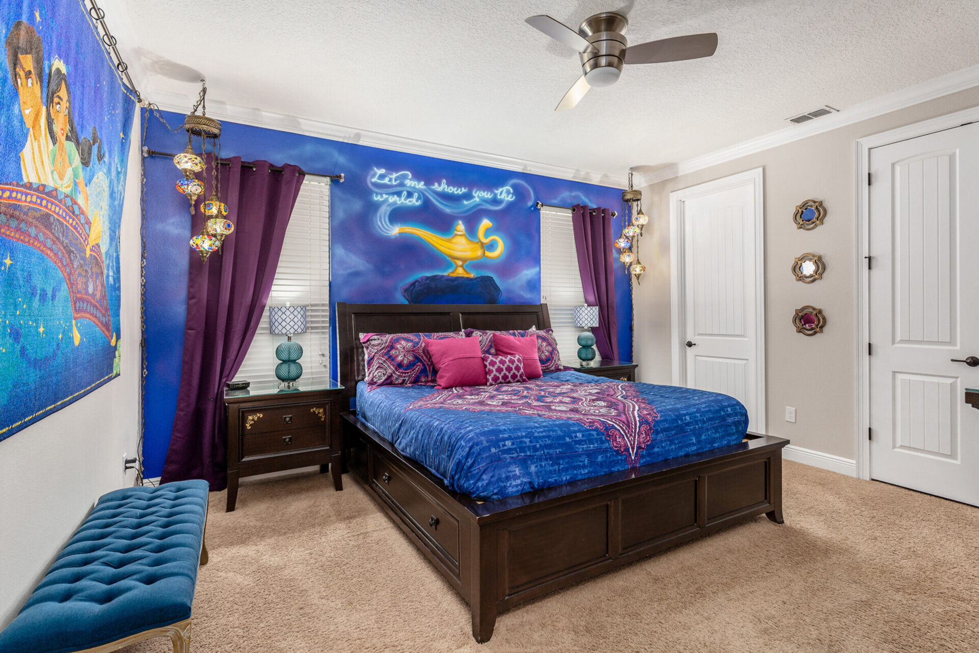 Sleep soundly in the first-floor master suite inspired by magical “Arabian Nights”