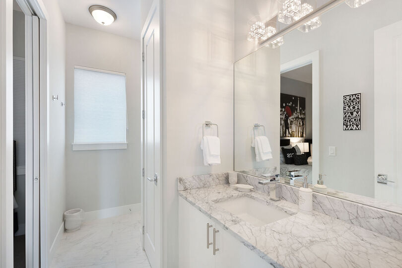 Dual vanity has plenty of space to get ready in