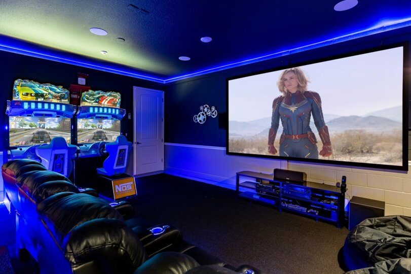 Complete with 8 seats, a 135-inch projector screen, HD projector, 9.1 THX surround sound, 4K Apple TV, Cable, Blu-Ray, PS4 and Xbox One X