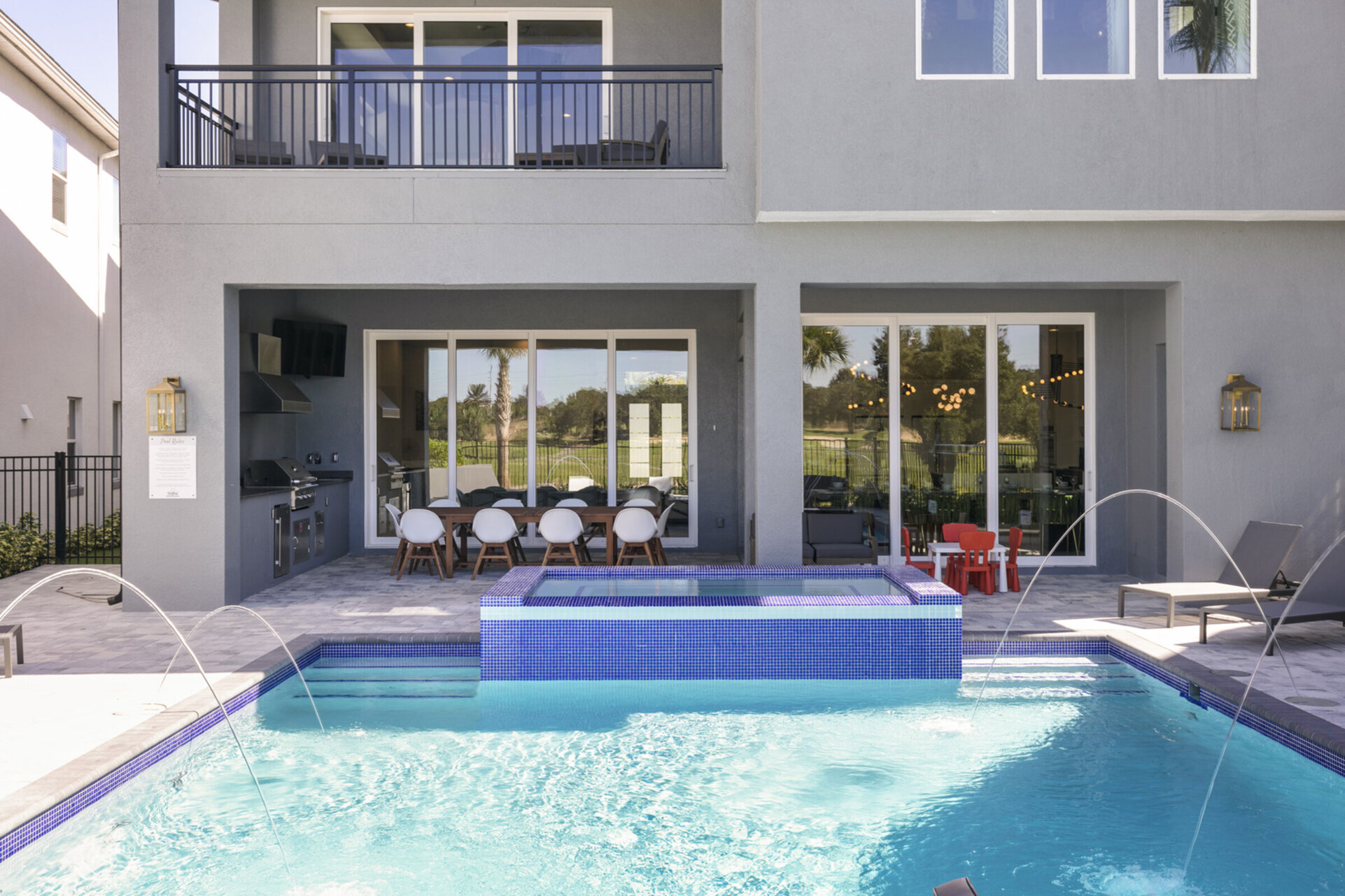 Float and relax with the soothing sounds of the pool fountains