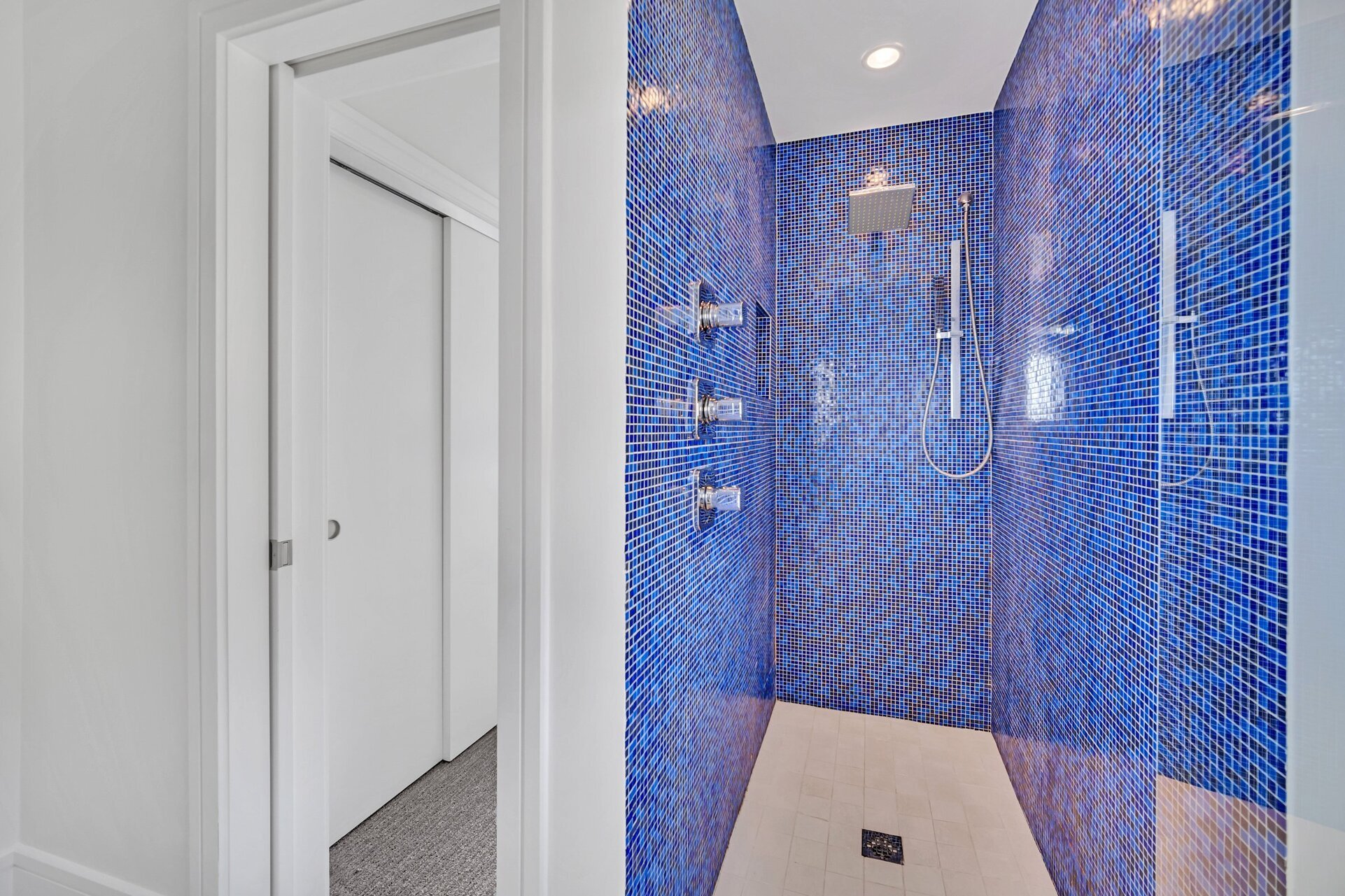 The en suite bathroom offers a walk-in shower