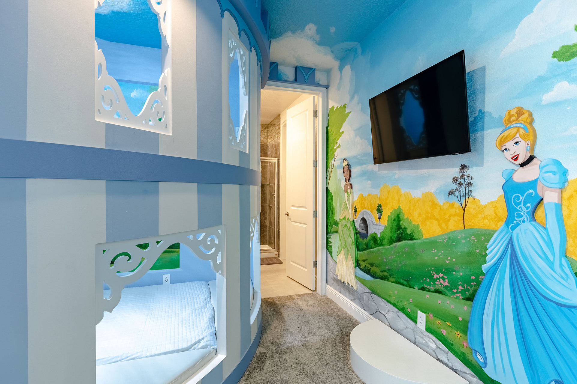 Inspired by beloved princesses, this room offers a double/double bunk bed in your very own castle.
