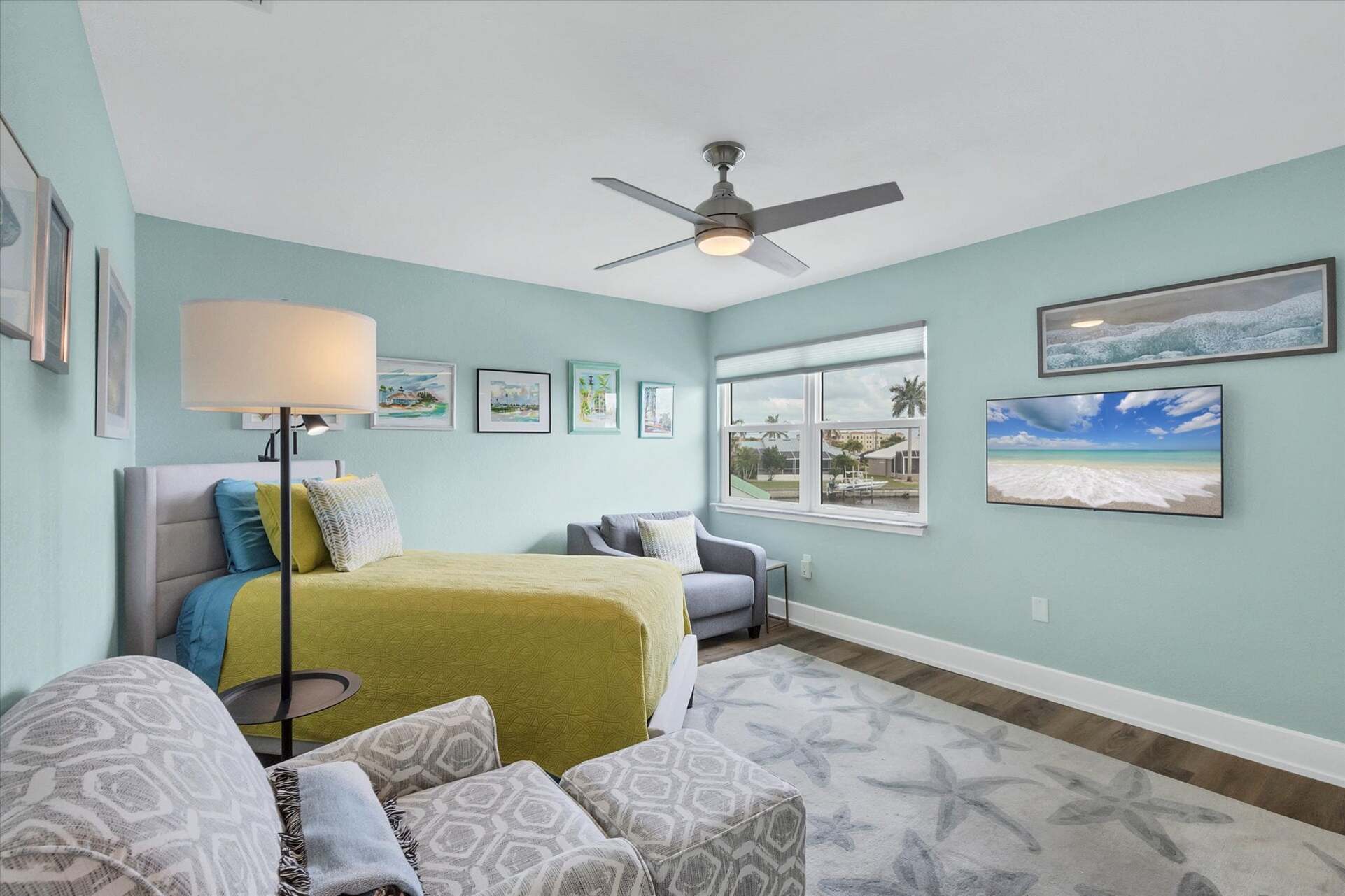 Upstairs twin bedroom with 43-inch Smart TV