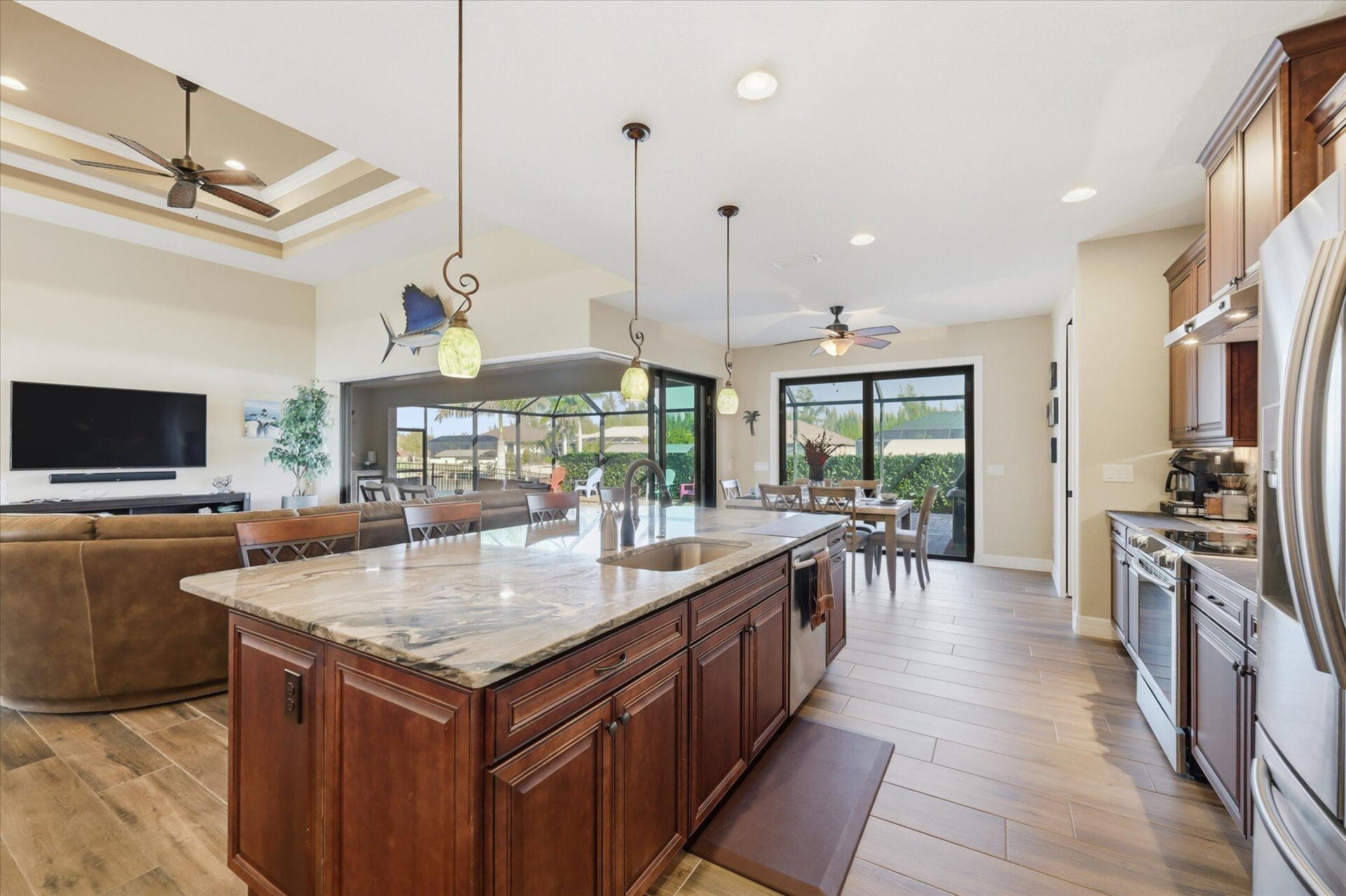Beautiful, fully-equipped kitchen overlooking the living room and dining area