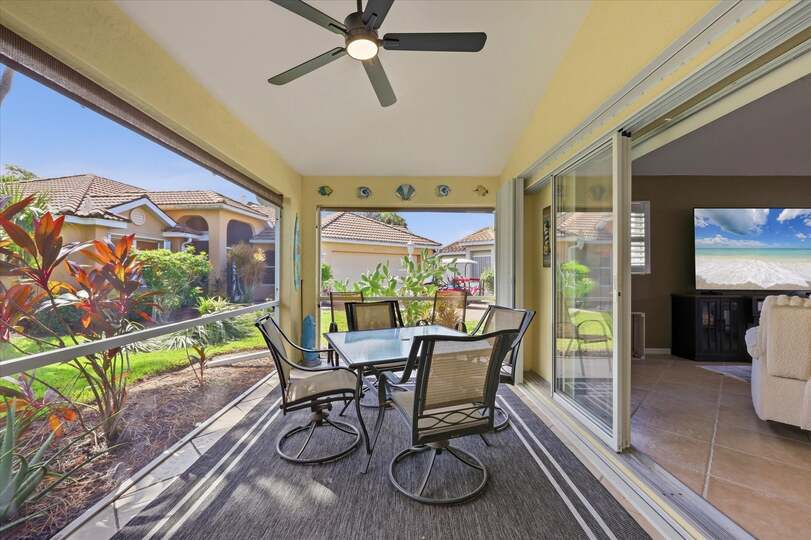 Screend-in patio overlooking lush landscaping