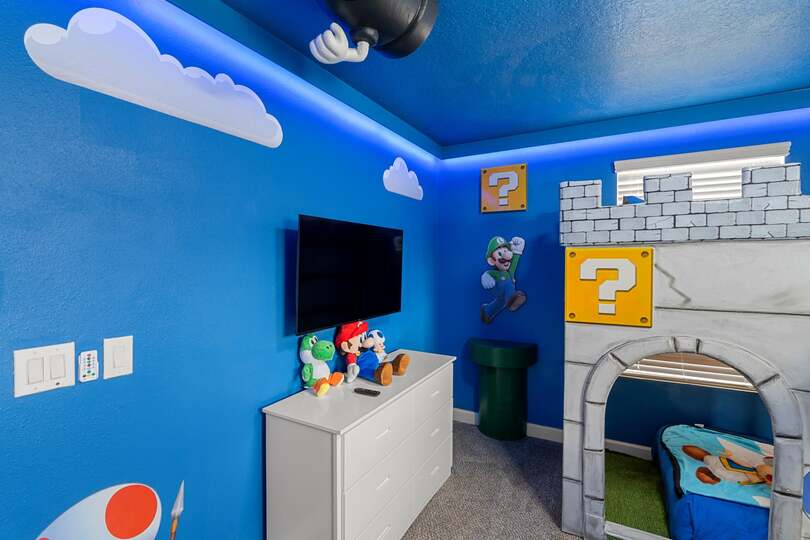 Twin/Twin Bunk + Twin Bedroom 4 Upstairs 43" Roku TV + 32" Roku With game Console Mario Theme