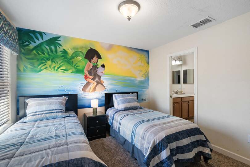 Two Twins Bedroom Upstairs 6 Shared Bathroom 
32" Roku TV
Jungle Book Theme